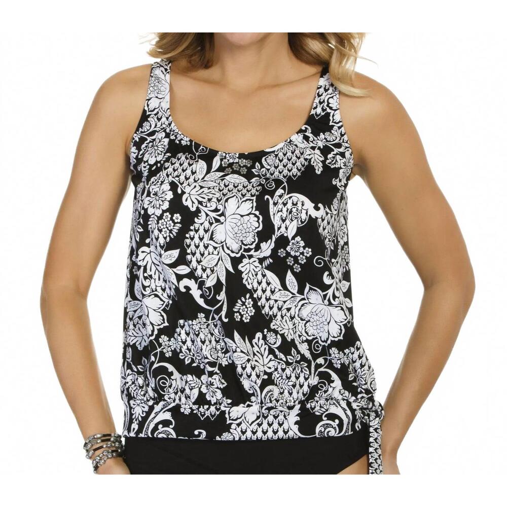 NEW SHAPE SOLVER intermingle side tie blouson tankini top in sol black and white